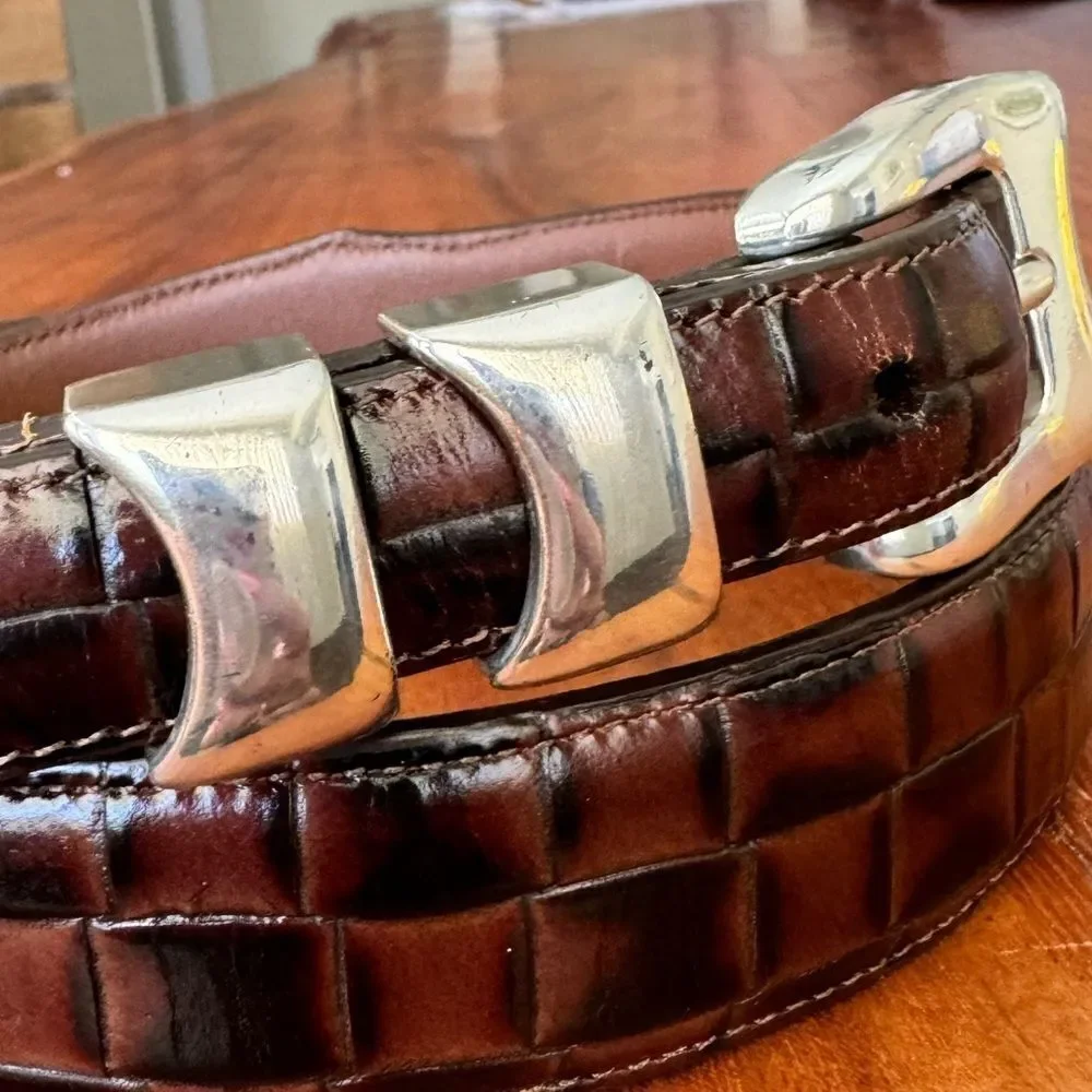 Onyx leather belt by Brighton. Black brown with silver buckles EUC SZ 32